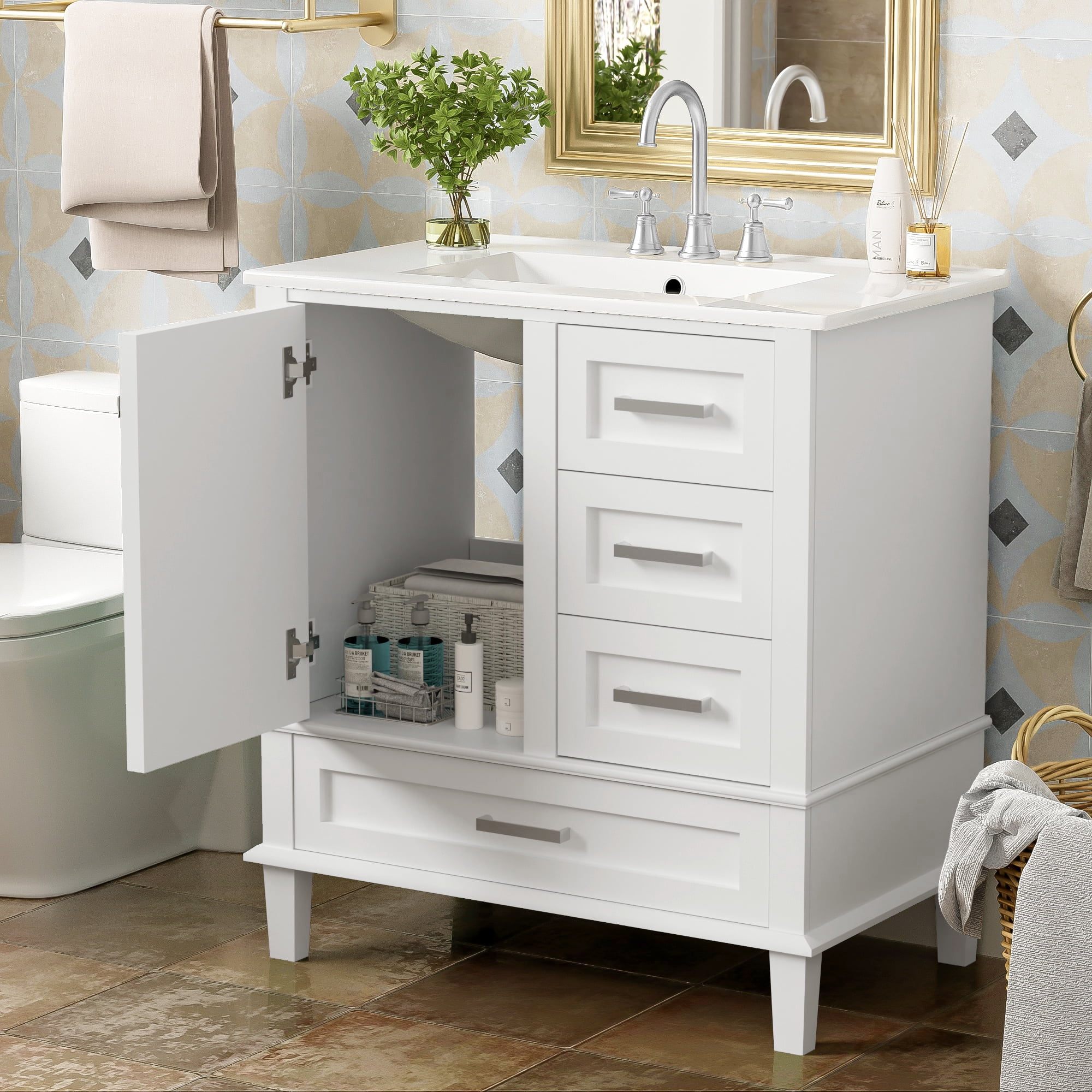 30" Bathroom Vanity Set with Sink, Holaki Modern Bathroom Cabinet with Soft Closing Door and 3 Drawers, Solid Wood Frame Bathroom Storage Cabinet, White