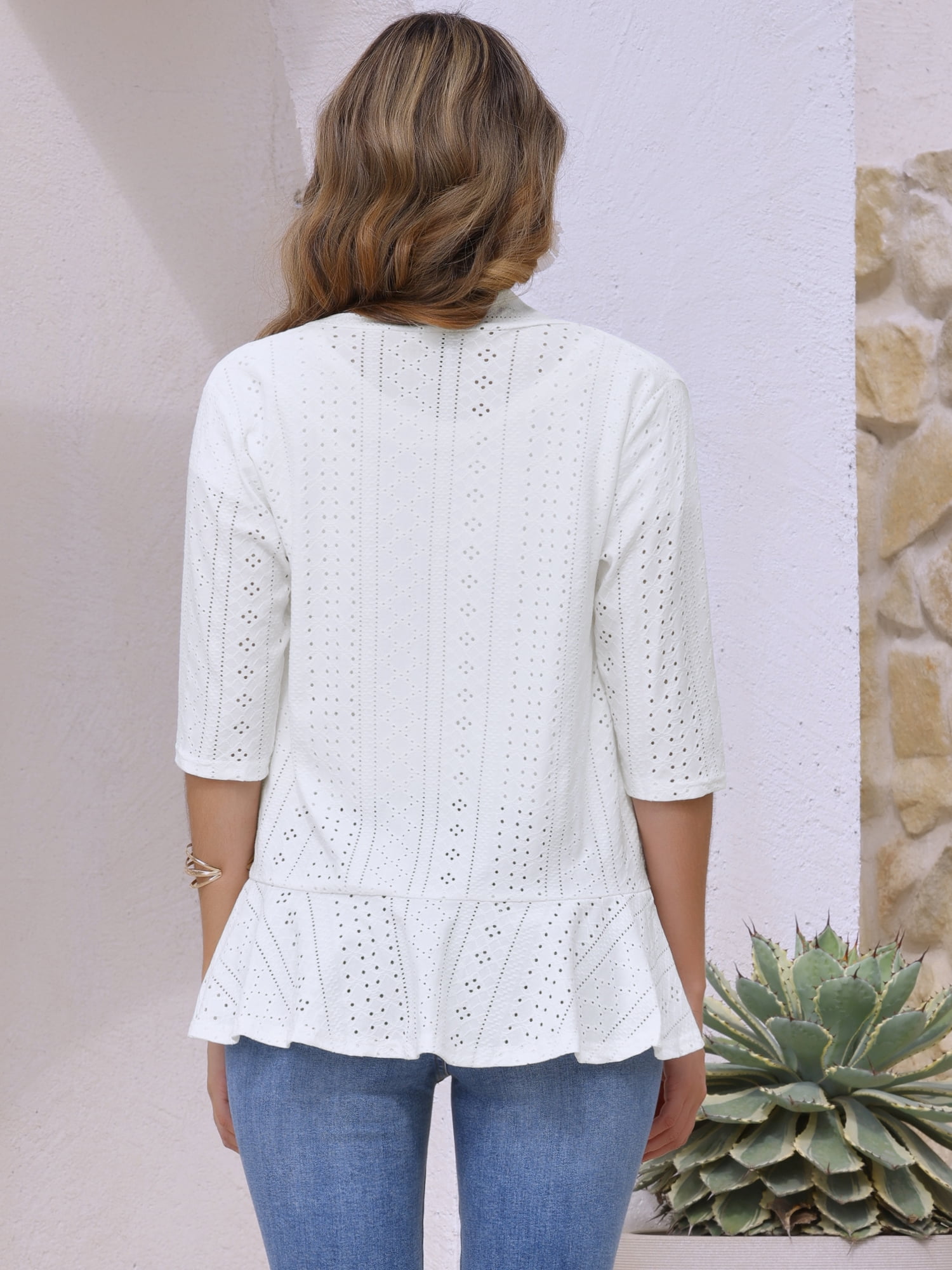 DARING DIVA Womens Open Front 3/4 Sleeve Draped Ruffles Eyelet Cardigans S White