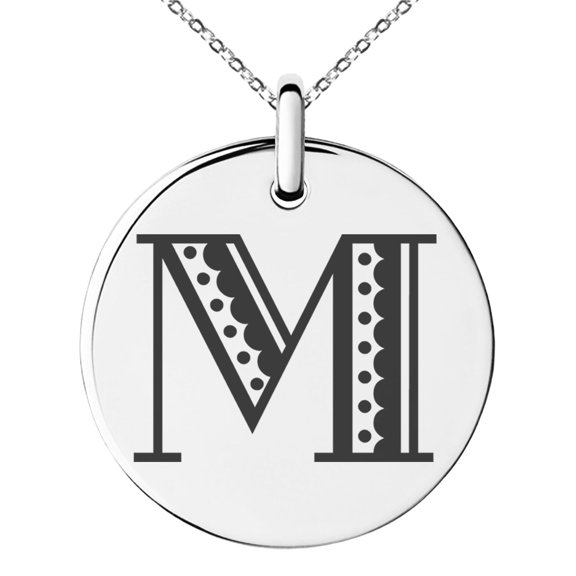 Tioneer Stainless Steel Letter M Initial Metro Retro Monogram Engraved Small Medallion Circle Charm Pendant Necklace
