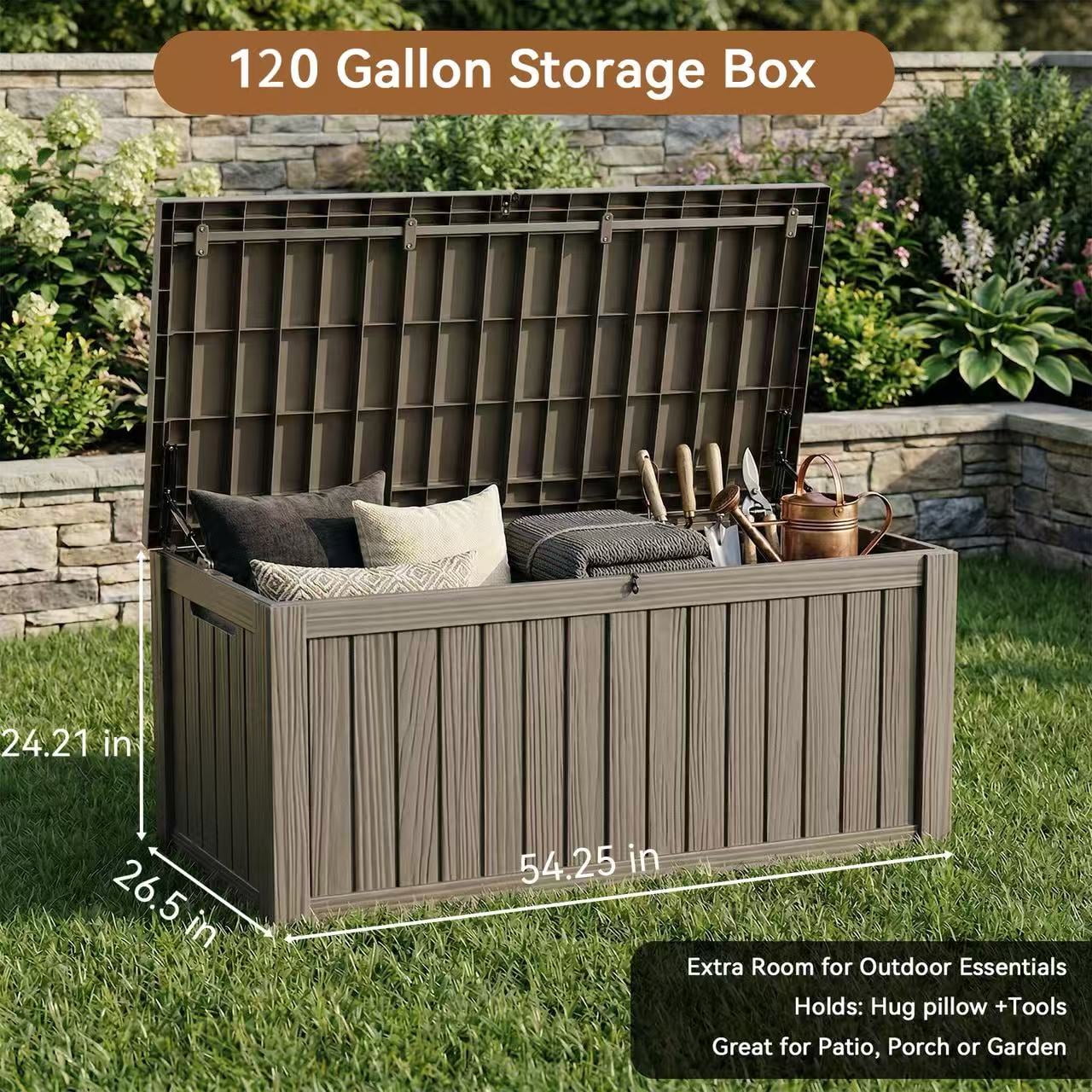 EASY UP 120gallon outdoor resin storage deck box, weather-resistant and lockable, suitable for storing tools, clothing, and packages; ideal for garages, gardens, and bedrooms (LIGHT BROWN).