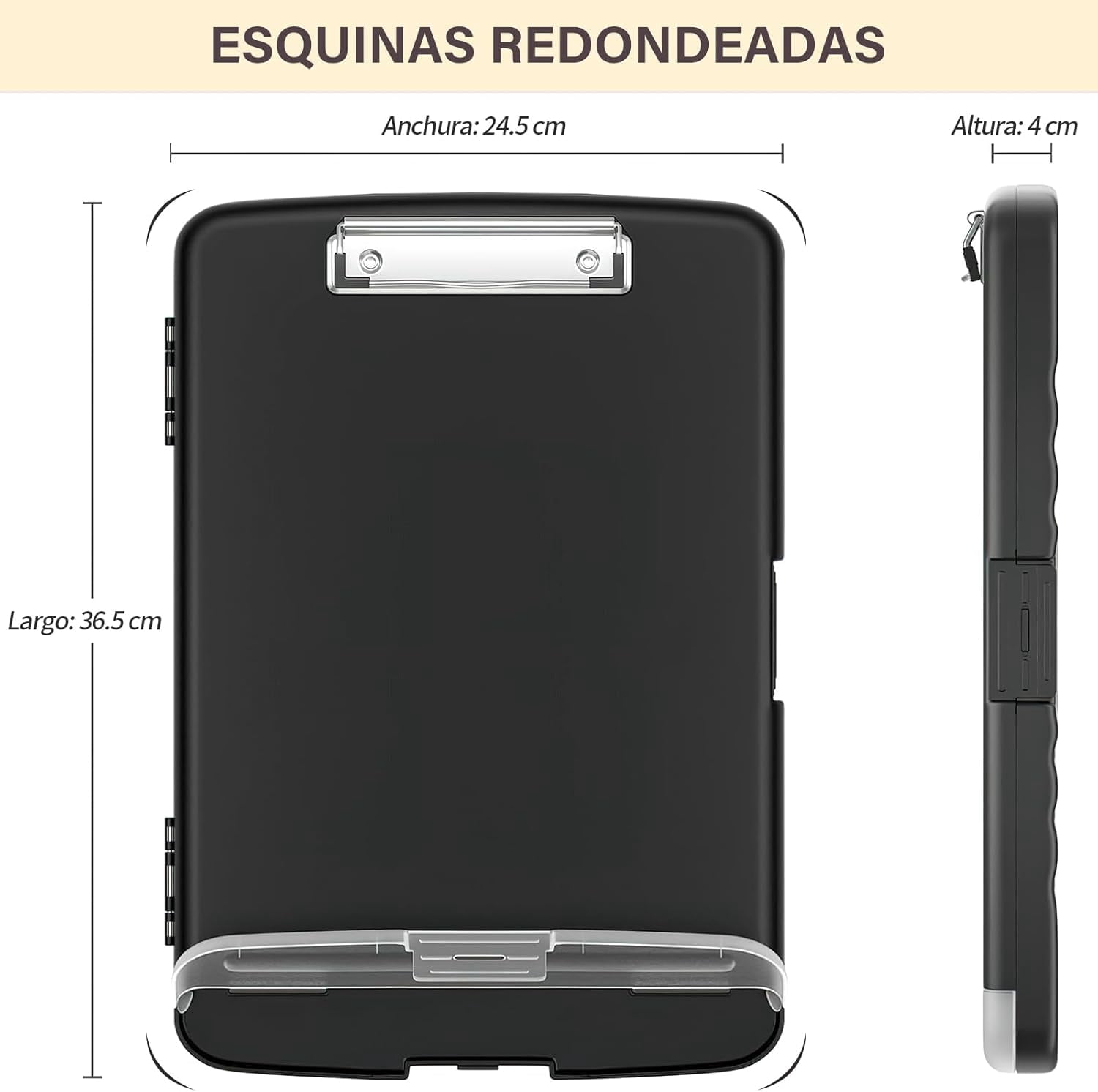 Plastic clipboard with storage, multi-function, side opening, ideal for nursing and office use (Black)