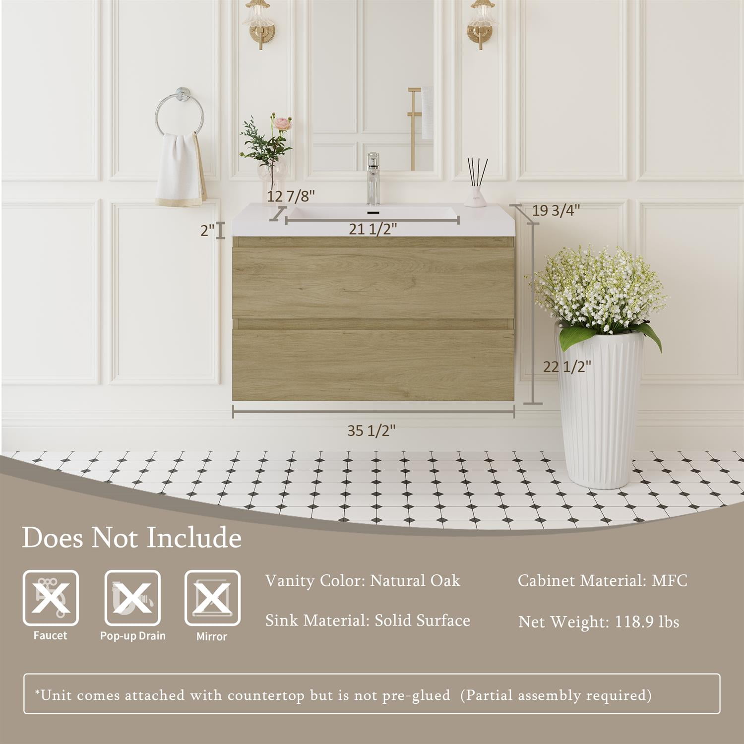 Demi Bonn 36" Floating Bathroom Vanity with Sink, Resin Top Basin and 2 Soft Close Drawers, Faucets and Drains Not Included, Brown