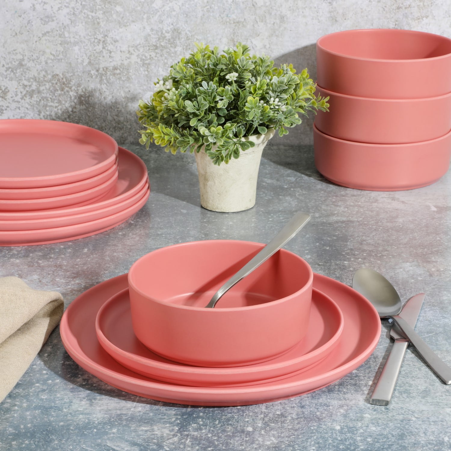 Gibson Home Crest 12 Piece Stackable Matte Melamine Dinnerware Set - Rose Red