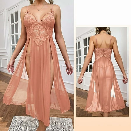 

Honeeladyy Women s Sexy Mesh Deep V Lace Pajamas Side Slit Sling Skirt Extended Home Dress Pajama Dress Women s Set pajamas summer for women sets