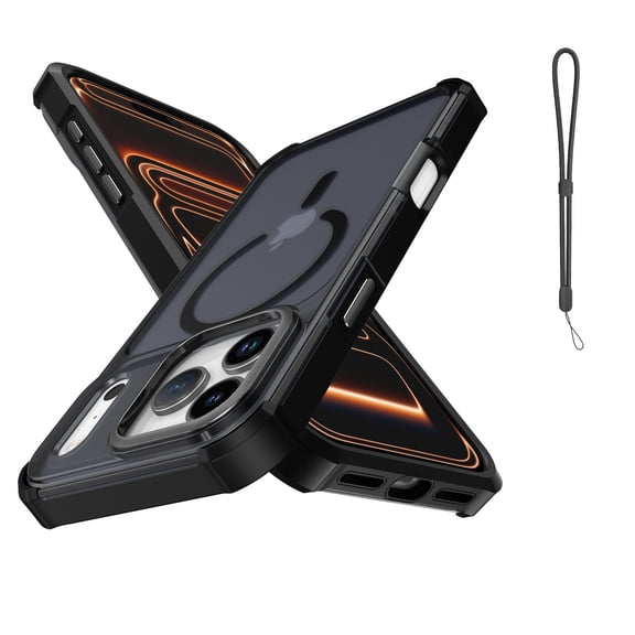 Mynvo Magnetic Case for iPhone 17 Pro Max with Wrist Strap, Support Wireless Charging Anti-Scratch Matte Hard PC Rugged Non-Slip Shockproof Protective Bumper for Women Men, Black