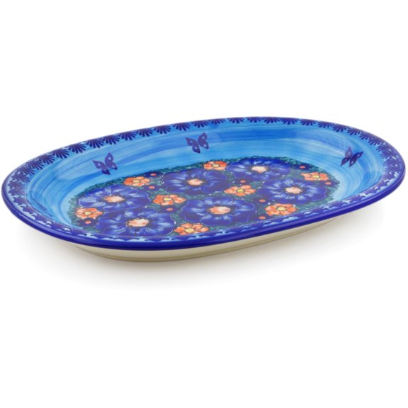Polish Pottery 11½-inch Oval Platter (Midnight Garden Theme) Signature UNIKAT Hand Painted in Boleslawiec, Poland Certificate of Authenticity