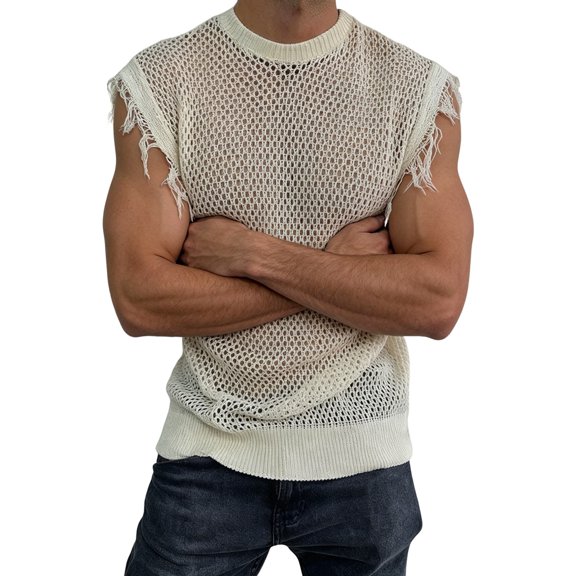 Men'S Crochet Knit Sleeveless Mesh Tank Top White L