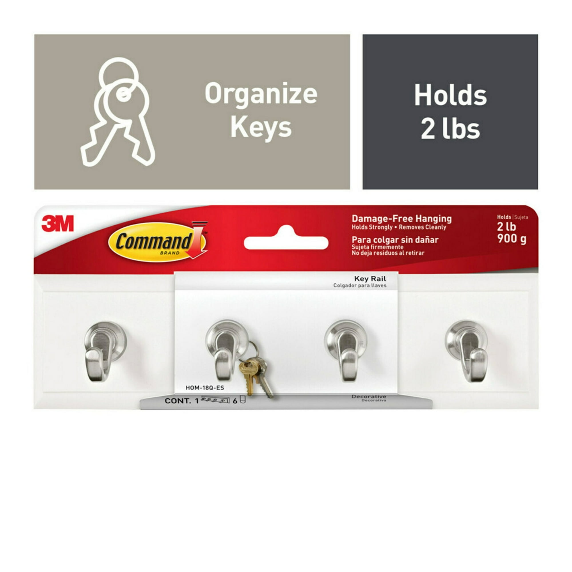 Command Quartz Key Rail with 4 Hooks & 6 Strips per Pack - Damage-Free Wall Organizer