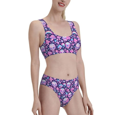 Uemuo Skull Rainbow Mushroom Printed Women s High Waisted Bikini Sets Sporty Two Piece Swimsuits Color Block Cheeky High Cut Bathing Suits-Large