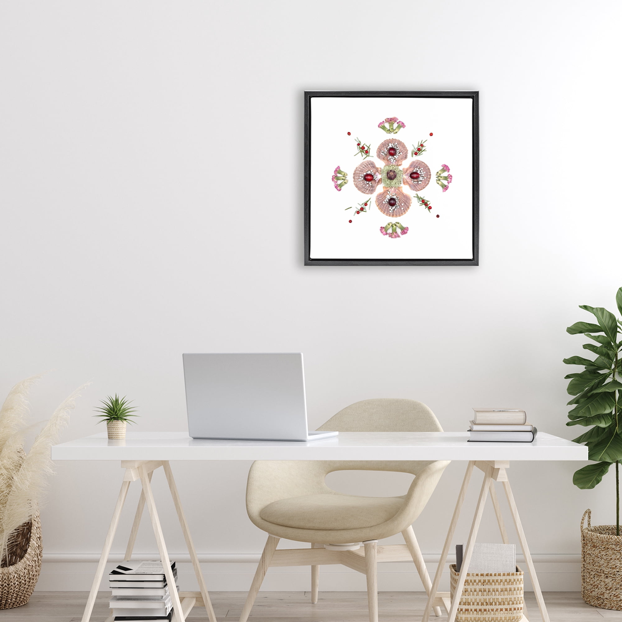 Stupell Industries Clam Shells & Botanicals Pattern Black Framed Floater Canvas Wall Art, design by Beth Adoette