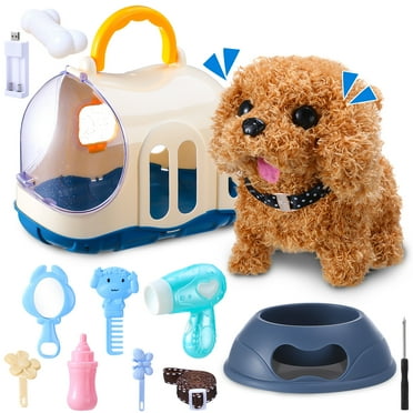 Bocaoying 11 Pcs Walking Dog Toys for Kids Girls, Dog Plush Toy, Electronic Interactive Stuffed Puppy with Large Cage and Accessories, Barking Realistic Dog Toy Gifts for Kids Girls 3 4 5  Year Old