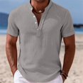 thumbnail image 4 of Zimjoy Men's Henley Shirts Casual Short Sleeve Bamboo Linen Band Collar Shirt Summer Button Basic Tee Gray 3XL, 4 of 5
