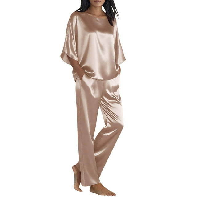 Womens Tops Spring Fall Clothes Loose Tops Solid Color Round Neck Sleeve Quarter Sleeve Top Solid Color Elastic Waist Straight Leg Pants Sleepwear Double Pocket Pants Set Plus Size Tops For Women