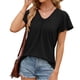 thumbnail image 2 of Camiseta de manga corta con cuello en V y pliegues para mujer, corte holgado, color liso, para uso informal o en la playa, 2 of 5