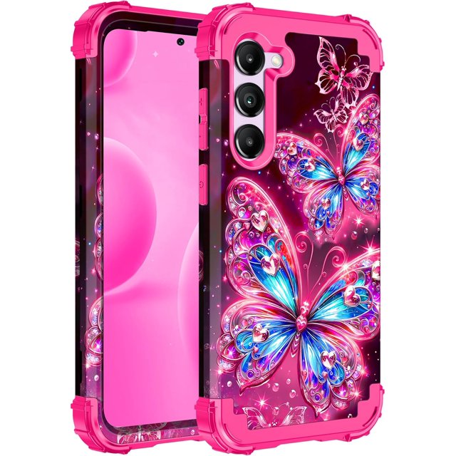 Baomifa-pour Galaxy S23 5G Étui, Lumineux dans le Noir Trois Couches Robuste Antichoc Protection Complète PC+TPU Souple Pare-Chocs pour Samsung Galaxy S23 6.1 Pouces, Tout Papillon