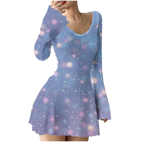 Yangnuo Womens V-Neck Flared Long Sleeve Mini Dress Star Print Wavy Hem Stretchy Casual A Line Dress