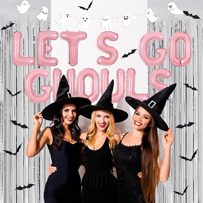 Halloween Let's Go Ghouls Decorations, Pink Black Ghost Bachelorette Balloon Garland Arch Kit Fringe Curtain Banner, Spooky Groovy Bridal Shower Engagement Birthday Party Supplies