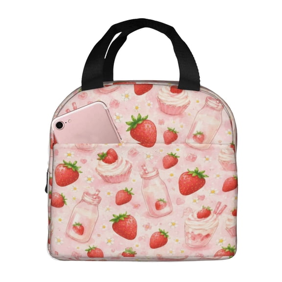 Strawberry Cupcake Lunch Bag Reusable Thermal Lunch Box with Handle for Women and Men