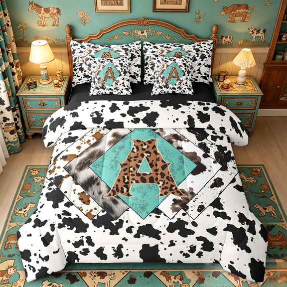 meiyoeat Cow Print Monogram A 7-Piece Twin Bedding For Boys,Western Leopard Initial Bedding Comforter Set,Black Reversible