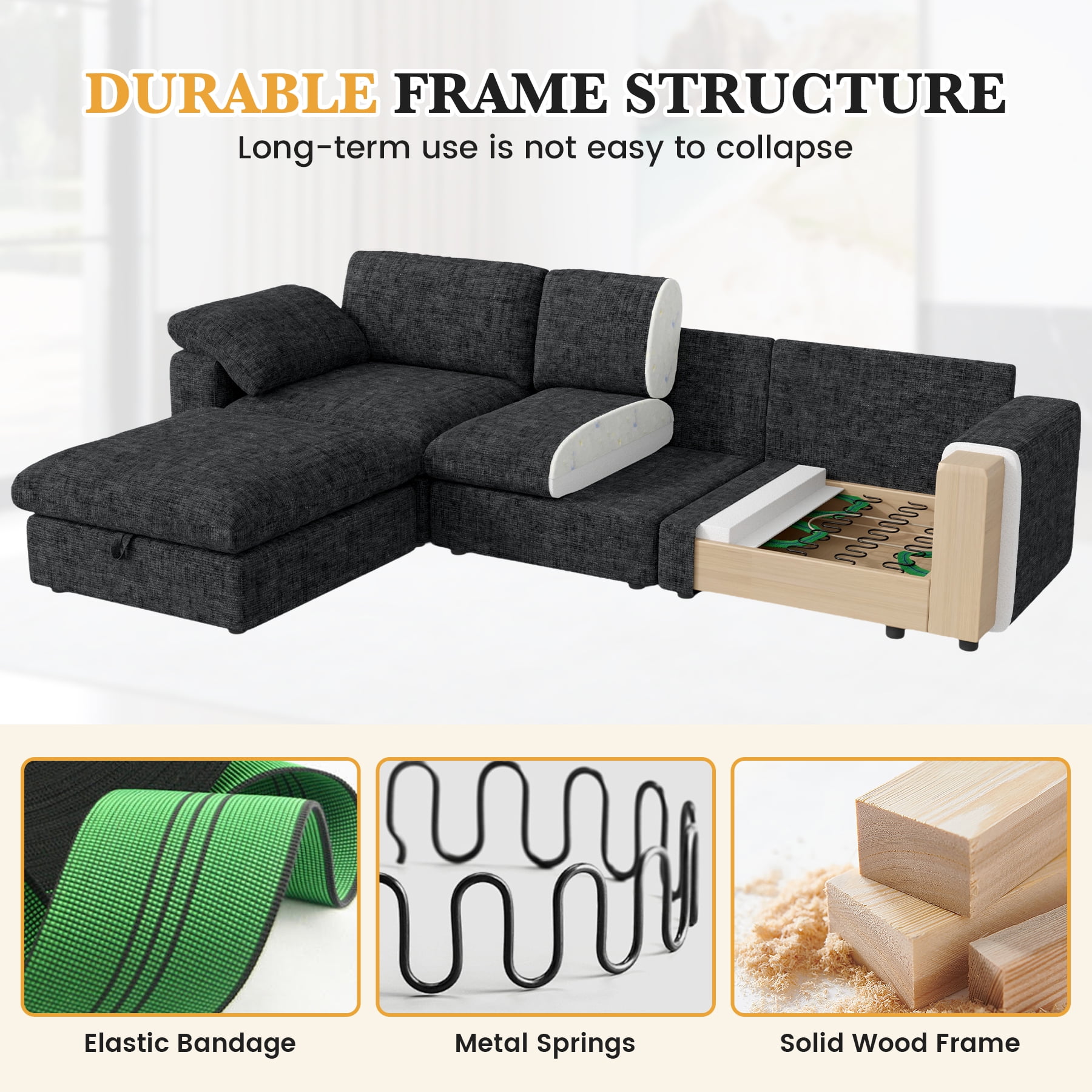 MOONMISS 118" Oversized Modular Sectional Sofa, L Shaped 3 Seaters with Storage Ottoman Cloud Couch Sofa Set, Modern Convertible Chenille Deep Seat Sectional Couches for Living Room,Black