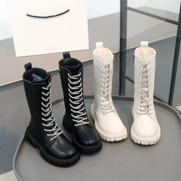 Miluxas Girls Leather Lace-up Waterproof Side Zipper Mid Calf Combat Riding Winter Princess Boots Casual Versatile Boots (Toddler/Little Kid/Big Kid) White 2.5(37)