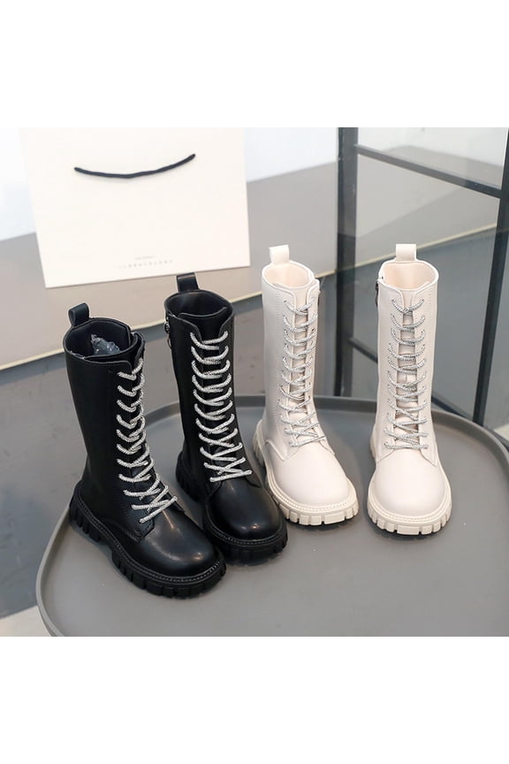 Girls Boots, Girls Crystal Embellished Boots with Lace Up and Zipper Combination Dressy Long Boots for Special Occasion and Photo Shoots Black