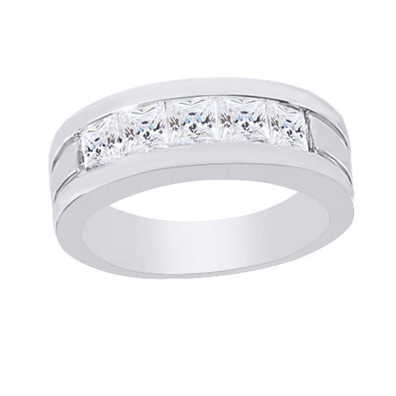 AFFY White Cubic Zirconia Five Stone Wedding Band Ring For Men's In 14k White Gold Over Sterling Silver (2 Cttw)