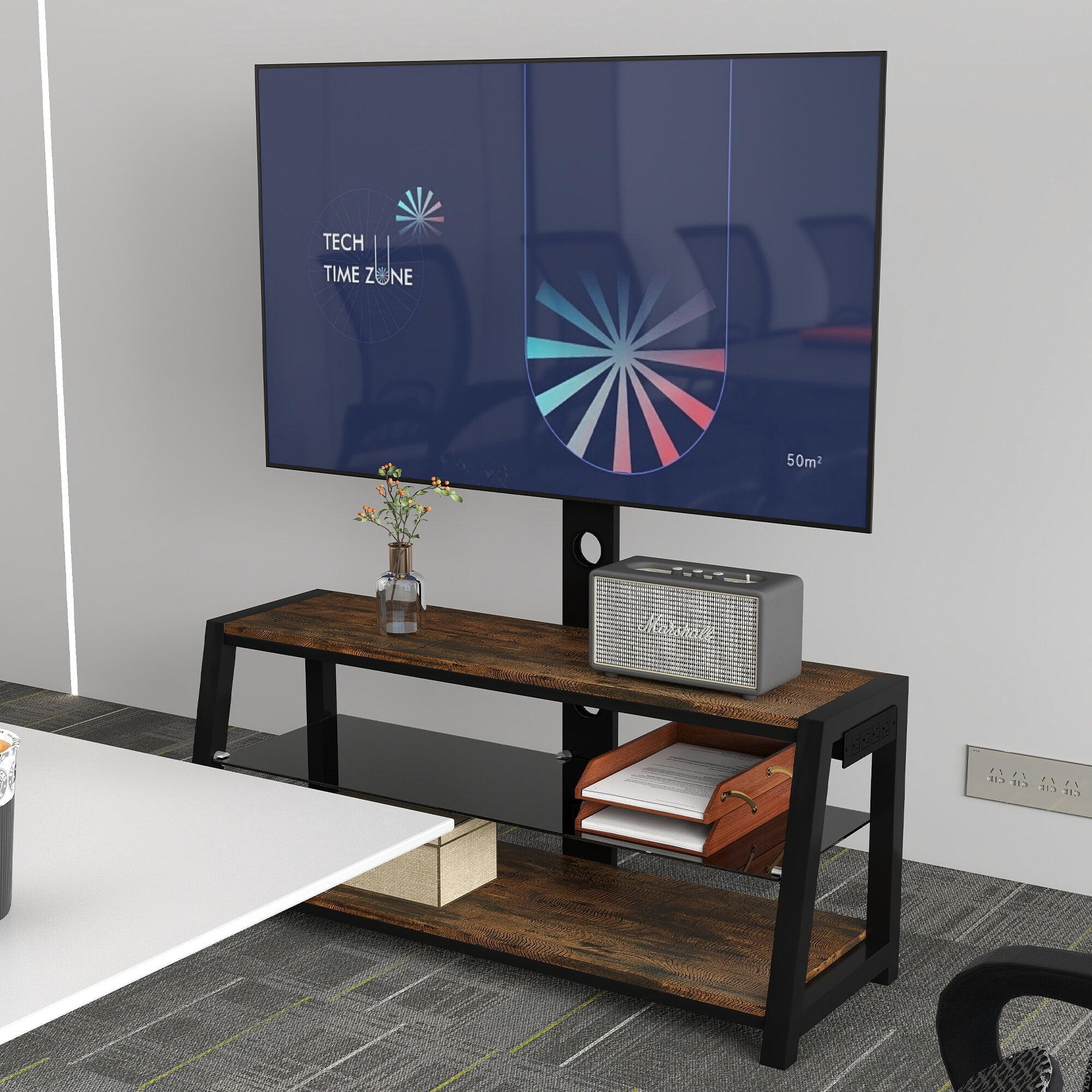 Entertainment Centers, Wooden Storage TV Stand Black Tempered Glass Height Adjustable Universal Swivel Entertainment Center With Mount TV Stand, Rustic Browm, Acacia Wood TV Stands With Storage
