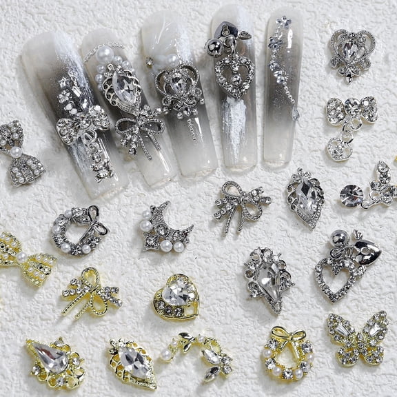 12PCS 3D Rhinestone Pearl Nail Art Charms Set, Bow Butterfly Nail Decorations, Shiny Alloy Nail Gems for Gel Acrylic Press On Nails, Nail Art Supplies for Beginners Professionals Home Salon Daily Use