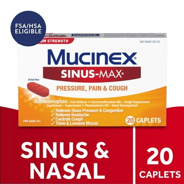 Mucinex Sinus-Max Pressure, Pain & Cough Medicine, OTC Headache Relief, Nasal Decongestant, 20 Caplets
