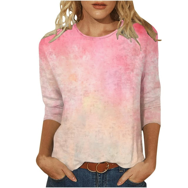 Besolor T-Shirts à Manches 3/4 pour Femmes Hauts Tendance à Col Rond Teinture sur Nœuds Blouse Décontractée Ample pour Sorties
