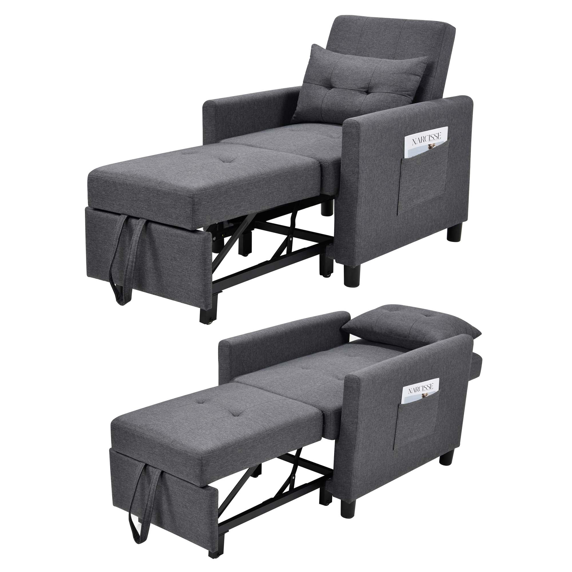 Aukfa Single Sofa Bed with Pull Out Sleeper, Convertible Futon Chair with Pocket for Living Room/Small Space - Dark Gray