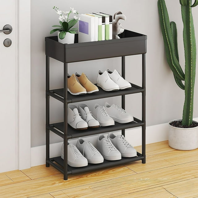 Zapatero | Estantes Metálicos de 4 Niveles | Organizador de Plástico Blanco y Negro para Zapatos, Botas y Zapatillas | Compacto 55 X 39 X 21 Cm | Organizador para Entrada, Dormitorio, Armario y Garaj