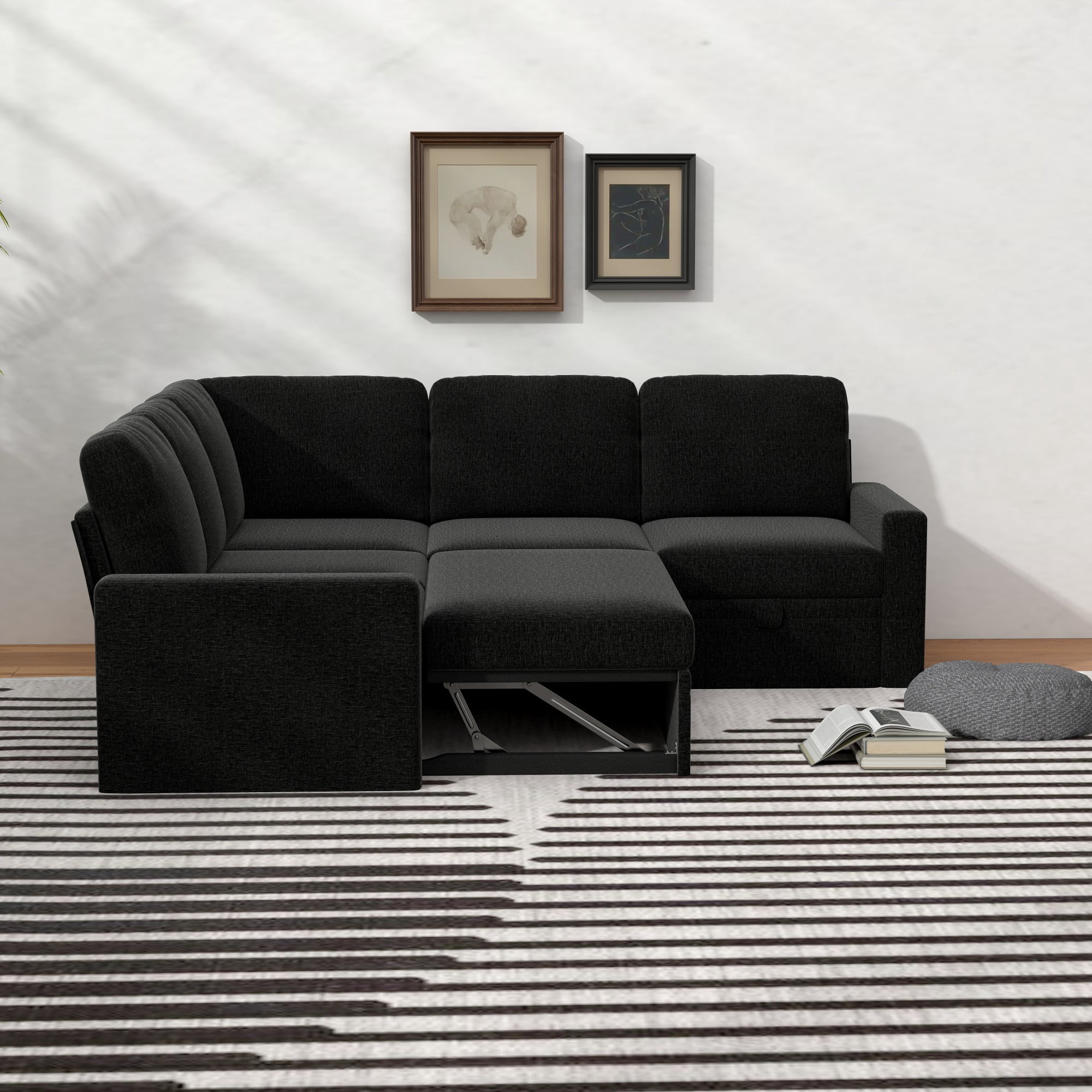 Gewnee 5-Seater Black L-Shaped Convertible Sofa - Skin-Friendly & Wear-Resistant Chenille Fabric, Solid Wood Frame with Multifunctional Storage, for Living Rooms & Halls