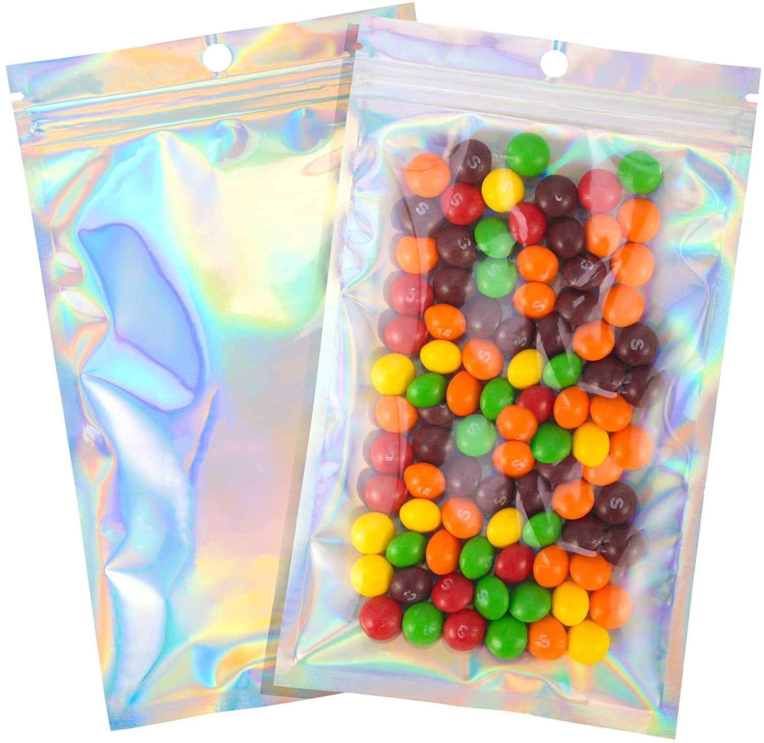 Holographic 100 Pcs 3×5 Inch Resealable Smell Proof Bags Mylar Ziplock Bag Cute Packaging Sealed Aluminum Foil Pouch Little Small Plastic Baggies Colored Clear Front Zip Lock for Lip Gloss Gummy 