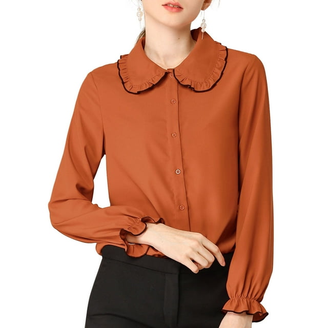 INSPIRE CHIC Junior's Sweet Ruffle Peter Pan Collar Button Up Shirt
