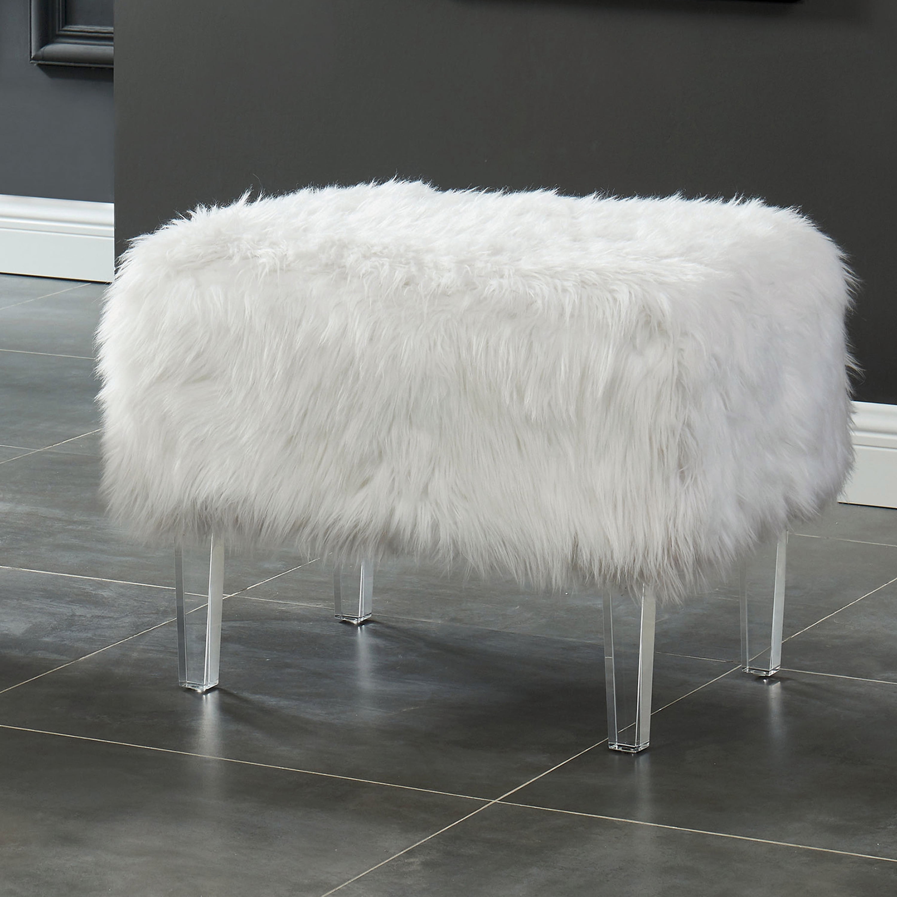 Raven I Contemporary Faux Fur Acrylic Ottoman, White