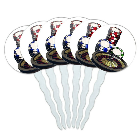 Roulette Wheel Table Poker Chips Gambling Vegas Cupcake Picks Toppers - Set of 6