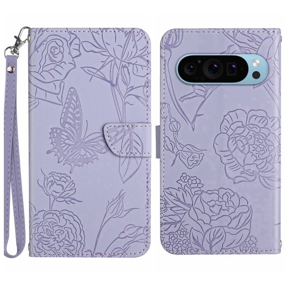 ELEHOLD Crossbody Wallet Case for Google Pixel 10 /10 Pro, Butterfly Floral Leather Shockproof Flip Case with Card Slots,Lightpurple