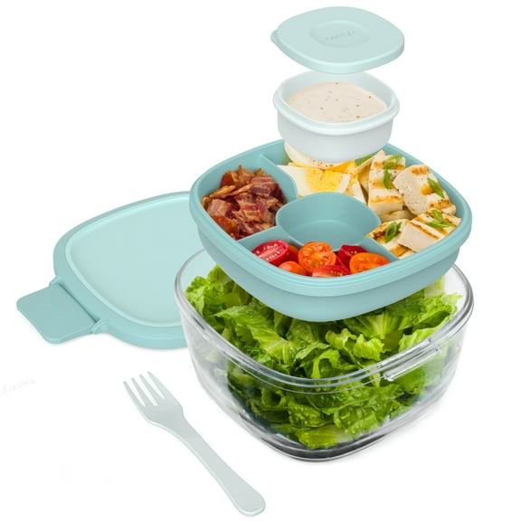 Bentgo® Glass All-in-One Salad Container - Large 61-oz Salad Bowl with Lid, 4-Compartment Bento-Style Tray, Sauce Container & Reusable Fork - Dishwasher, Microwave, and Oven Safe - Coastal Seaglass