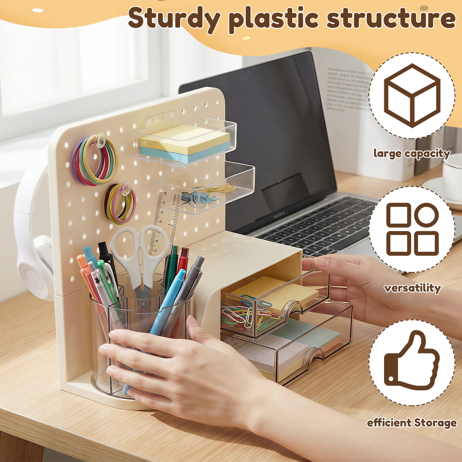 Grusce Desk Organizer, Multifunctional Pen Holder and Office Accessories, Large Capacity Pen Organizer Holder with 2 Drawers, Desktop Organiser Tabletop Caddy for Desk Office Supplies