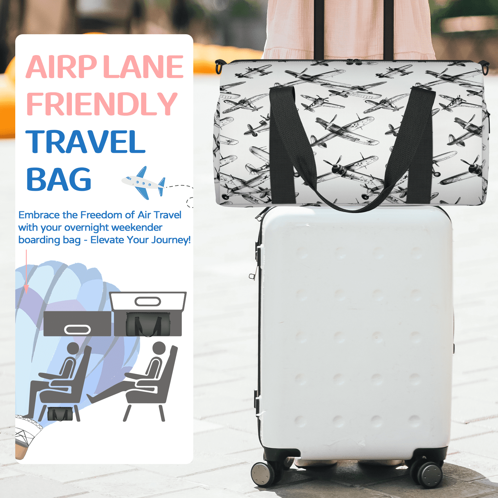 Herdesigns Airplane Pattern Travel Duffle Bag Sports Yoga Weekender Overnight Carry on Workout Bags Lightweight Waterproof Gym Tote Bag for Women