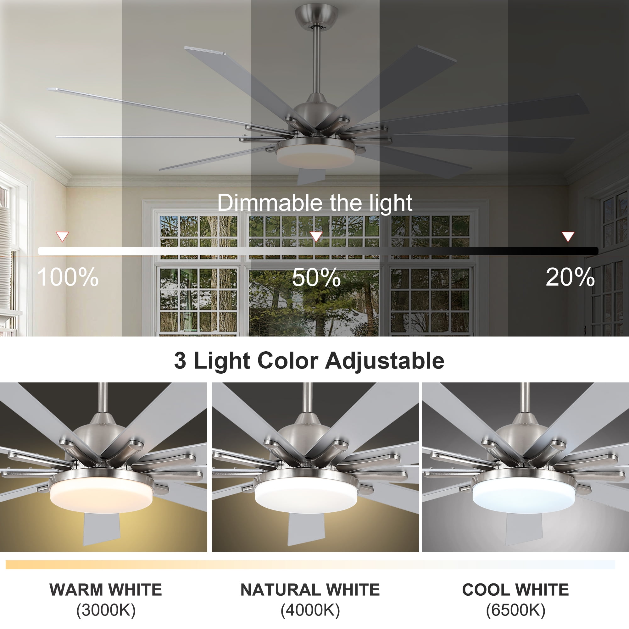 Wellspeed 72 in. Smart LED Ceiling Fan with 9 Blades, Remote Control, for Indoor Room, Brushed Nickel