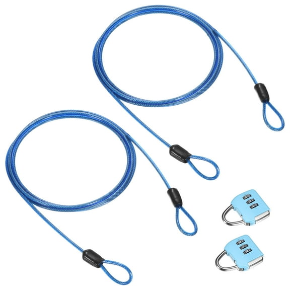 Uxcell 2-Set Security Cable Lock with 3 Digit Combination Lock, 6.56FT Coated Steel Luggage Lock Wire Rope Double Loop Cable [Blue]