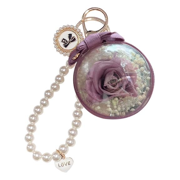 Preserved Rose Keychain With Pearl Chain Long Lasting Flower Key Ring With Love Heart Decor Valentine's Day For Her Birthday & Anniversary Bag Charm Pendant Keyring for Women(Deep Purple)