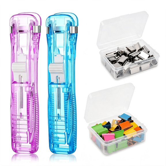 CCOCC Portable Handheld Paper Clam Clip Dispenser 2 Pcs | with 100 Pcs Paper Clam Clip Refills Mini Push Stapler Dispenser Papers Clamps for Fixing Documents-Purple&Blue