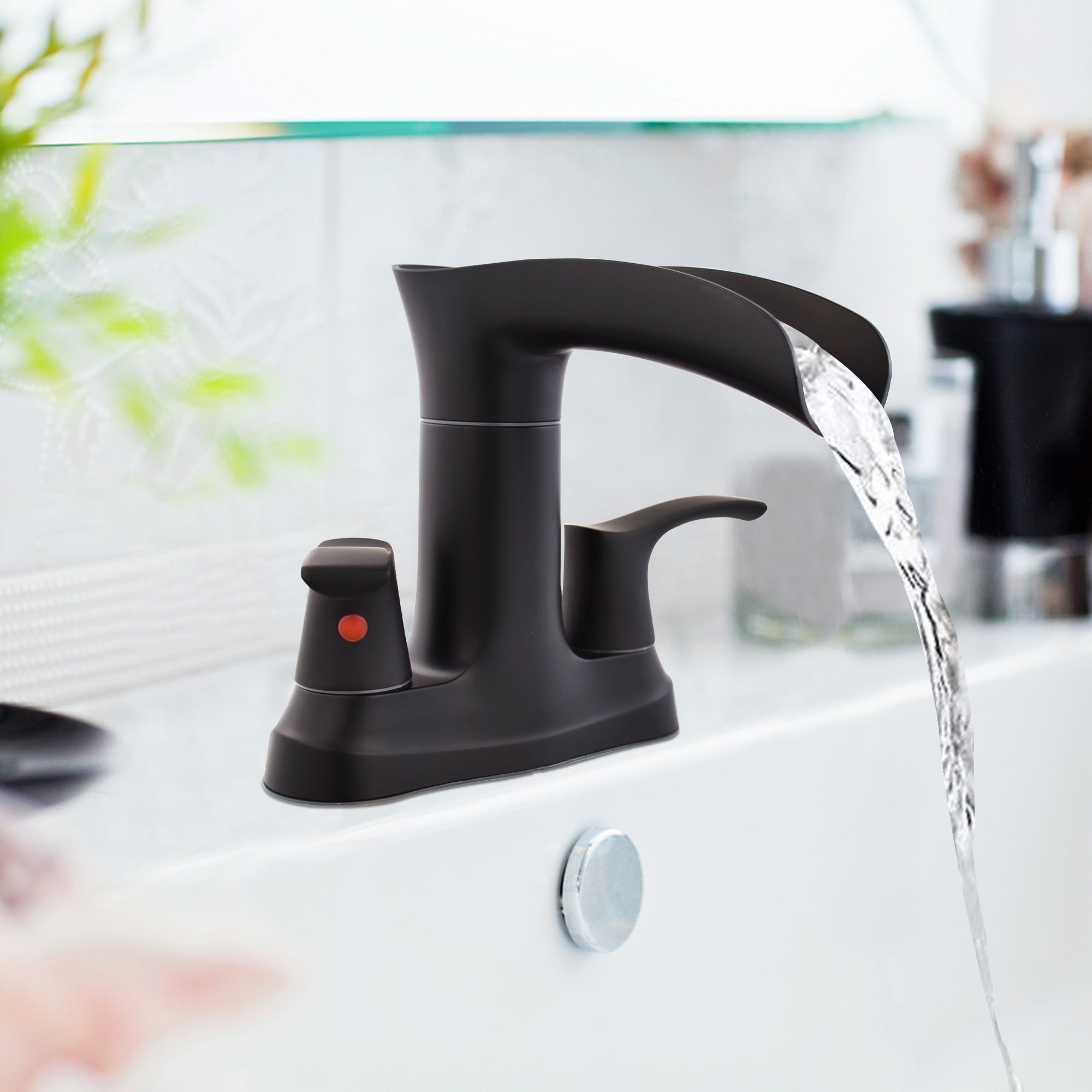 Sunrinx 4'' Centerset Bathroom Faucet 2-Handle Waterfall Faucet with 360° Swivel Spout, Matte Black, Lead-Free Plastic, Pop-Up Drain