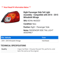 thumbnail image 2 of Right Passenger Side Tail Light Assembly - Compatible with 2014 - 2015 Mitsubishi Mirage, 2 of 2