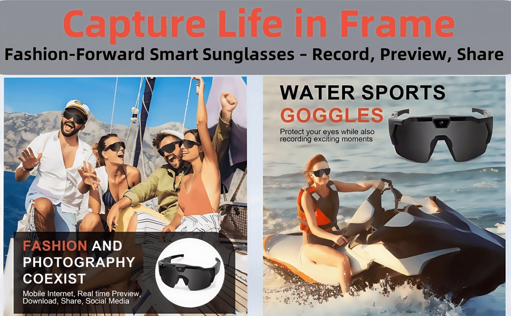 Smart Camera Glasses, Outdoor Sports HD Recording Video, Cycling Action Sunglasses, 64G ROM Wearable Audio take a Picture Wireless Photography Shooting VCR，Suitable for Men and Women (Black)