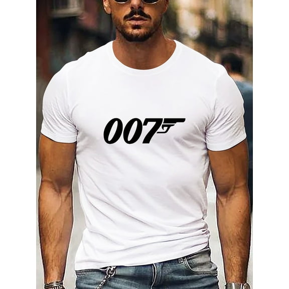 1pc Men'S 007 Print T-Shirt - Casual Crew Neck Short Sleeve Tee, Polyester Knit Fabric with Slight Stretch, Regular Fit Alphabet Pattern Pullover for Summer